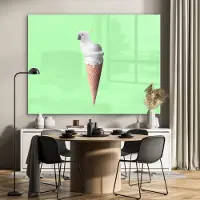 MuchoWow Glasschilderij 160x120 cm - Schilderij acrylglas - Papegaai - IJshoorntjes - IJs - Wit - Groen - Foto op glas - Schilderijen