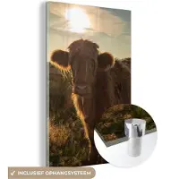 MuchoWow Glasschilderij 120x180 cm - Schilderij acrylglas - Schotse Hooglander - Zonsondergang - Gras - Foto op glas - Schilderijen