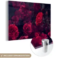 MuchoWow Glasschilderij 120x80 cm - Schilderij acrylglas - Rozen - Rood - Zwart - Foto op glas - Schilderijen