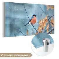 MuchoWow Glasschilderij 40x20 cm - Schilderij acrylglas - Roodborstje - Vogel - Sneeuw - Herfstbladeren - Foto op glas - Schilderijen