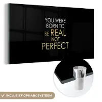 MuchoWow Glasschilderij 120x60 cm - Schilderij acrylglas - Perfect - Goud - Wit - Letters - Foto op glas - Schilderijen