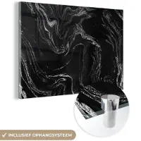 MuchoWow Glasschilderij 180x120 cm - Schilderij acrylglas - Marmer - Zwart - Luxe - Zilver - Foto op glas - Schilderijen
