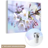 MuchoWow Glasschilderij 160x120 cm - Schilderij acrylglas - Bloemen - Sakura - Tak - Foto op glas - Schilderijen