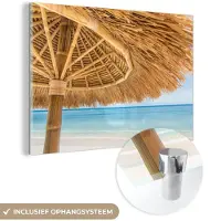 MuchoWow Glasschilderij 150x100 cm - Schilderij acrylglas - Parasol - Strand - Zee - Tropisch - Foto op glas - Schilderijen