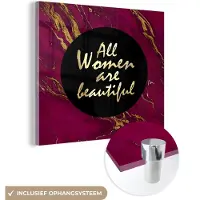 MuchoWow Glasschilderij 20x20 cm - Schilderij acrylglas - Quote - Vrouw - Goud - Bordeaux - Foto op glas - Schilderijen