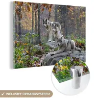 MuchoWow Glasschilderij 150x100 cm - Schilderij acrylglas - Wolven - Rots - Bos - Foto op glas - Schilderijen