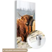 MuchoWow Glasschilderij 40x80 cm - Schilderij acrylglas - Schotse Hooglanders - Sneeuw - Bos - Foto op glas - Schilderijen