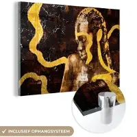 MuchoWow Glasschilderij 90x60 cm - Schilderij acrylglas - Vrouw - Zwart - Goud - Foto op glas - Schilderijen