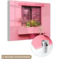 MuchoWow Glasschilderij 160x120 cm - Schilderij acrylglas - Raam - Planten - Roze - Plantenbak - Foto op glas - Schilderijen