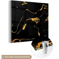 MuchoWow Glasschilderij 20x20 cm - Schilderij acrylglas - Patronen - Verf - Goud - Zwart - Foto op glas - Schilderijen