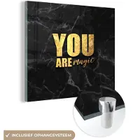MuchoWow Glasschilderij 20x20 cm - Schilderij acrylglas - Quotes - Magic - Gold - Marmer - Foto op glas - Schilderijen