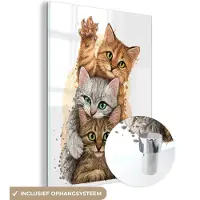 MuchoWow - Glasschilderij - Foto op glas - Acrylglas - Kittens - Katten - Dieren - Tekening - Muurdecoratie - 90x120 cm - Wanddecoratie glas - Glasschilderij dieren - Slaapkamer