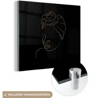 MuchoWow Glasschilderij 20x20 cm - Schilderij acrylglas - Vrouw - Hoofddoek - Goud - Line art - Foto op glas - Schilderijen