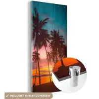MuchoWow Glasschilderij - Foto op glas - Acrylglas - Palmboom - Strand - Zee - Zon - 60x120 cm - Glasschilderij strand - Glasschilderij natuur - Schilderij glas - Kamer decoratie - Woonkamer
