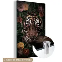 MuchoWow Glasschilderij 40x60 cm - Schilderij acrylglas - Tijger - Bruin - Bloemen - Foto op glas - Schilderijen