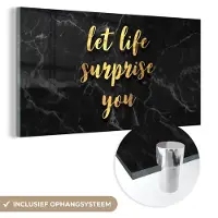 MuchoWow Glasschilderij 160x80 cm - Schilderij acrylglas - Quotes - Surprise - Goud - Marmer - Foto op glas - Schilderijen