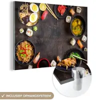 MuchoWow Glasschilderij 150x100 cm - Schilderij acrylglas - Sushi - Eetstokjes - Kruiden - Specerijen - Foto op glas - Schilderijen