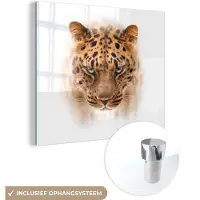 MuchoWow Glasschilderij 50x50 cm - Schilderij acrylglas - Panter - Portret - Wit - Foto op glas - Schilderijen