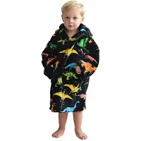 Badrock Dino fleece hoodie deken met mouwen - fleece poncho voor kinderen – Draagbare deken - fleece plaid met mouwen - maat 98/128 – lengte 60 cm – warm & zacht – relax outfit kids - zwart -