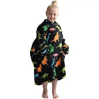 Badrock Dino fleece hoodie deken met mouwen kind – fleece poncho kind – Draagbare deken - plaid met mouwen - maat 128/152 – lengte 75 cm - chillen – Warm & zacht – relax outfit kids – zwart -