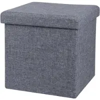 Urban Living Poef/hocker - opbergbox zit krukje - grijs - linnen/mdf - 37 x 37 cm - opvouwbaar - Poefs