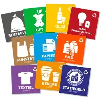 Plafor Recycle Stickers Afvalbakken - Prullenbakken - Afvalbak sticker - PMD - Blikjes -Statiegeld - GFT - Restafval - Plastic - Glas - Papier - Textiel - Bekers - Klein Chemisch afval