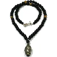 Heaven Eleven - heren ketting - Hout donker Bruin kralenketting 8mm - buddha zilverkleurig/copper legering - 50cm