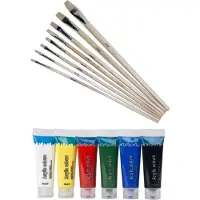 Artist & Co Set van 6 tubes acryl/hobby verf - met 8 schilder penselen - in verschilende diktes - schilderen voor kinderen
