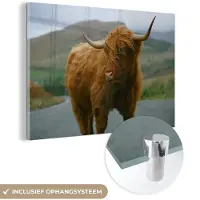 MuchoWow Glasschilderij 180x120 cm - Schilderij acrylglas - Schotse Hooglander - Berg - Weg - Foto op glas - Schilderijen