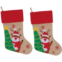 Sandy Set van 2x stuks kerstsok beige/rood met rendier print 46 cm - Kerstsokken