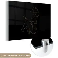MuchoWow Glasschilderij 180x120 cm - Schilderij acrylglas - Vrouw - Hoed - Goud - Line art - Foto op glas - Schilderijen