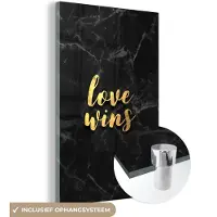 MuchoWow Glasschilderij 80x120 cm - Schilderij acrylglas - Quote - Love - Marmer - Goud - Foto op glas - Schilderijen
