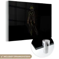 MuchoWow Glasschilderij 180x120 cm - Schilderij acrylglas - Zonnebril - Zwart - Goud - Line art - Foto op glas - Schilderijen