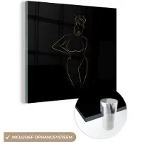 MuchoWow Glasschilderij 90x90 cm - Schilderij acrylglas - Vrouw - Zwart - Goud - Line art - Foto op glas - Schilderijen