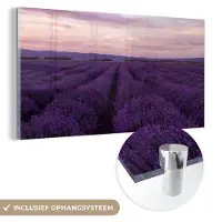 MuchoWow Glasschilderij 80x40 cm - Schilderij acrylglas - Lavendel - Paars - Bloemen - Natuur - Foto op glas - Schilderijen