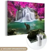 MuchoWow Glasschilderij 60x40 cm - Schilderij acrylglas - Waterval - Roze - Bomen - Foto op glas - Schilderijen