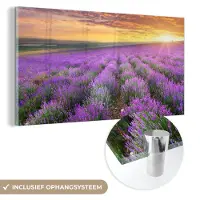 MuchoWow Glasschilderij 120x60 cm - Schilderij acrylglas - Lavendel - Wolken - Lente - Foto op glas - Schilderijen
