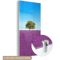 MuchoWow Glasschilderij 20x40 cm - Schilderij acrylglas - Boom - Paars - Lucht - Lavendel - Foto op glas - Schilderijen