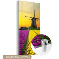 MuchoWow Glasschilderij 40x80 cm - Schilderij acrylglas - Windmolen - Tulpen - Bloemen - Lente - Foto op glas - Schilderijen