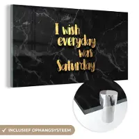 MuchoWow Glasschilderij 120x60 cm - Schilderij acrylglas - Quote - Weekend - Goud - Marmer - Foto op glas - Schilderijen