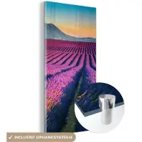 MuchoWow Glasschilderij 80x160 cm - Schilderij acrylglas - Lavendel - Berg - Bloemen - Foto op glas - Schilderijen