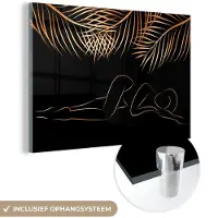 MuchoWow Glasschilderij 150x100 cm - Schilderij acrylglas - Vrouw - Palmbladeren - Goud - Line art - Foto op glas - Schilderijen