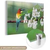 MuchoWow Glasschilderij 180x120 cm - Schilderij acrylglas - Vogel - Bijeneter - Bloemen - Foto op glas - Schilderijen