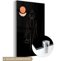 MuchoWow Glasschilderij 20x30 cm - Schilderij acrylglas - Vrouw - Goud - Zwart - Line art - Foto op glas - Schilderijen