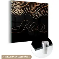 MuchoWow Glasschilderij 20x20 cm - Schilderij acrylglas - Vrouw - Bladeren - Line at - Black and gold - Foto op glas - Schilderijen