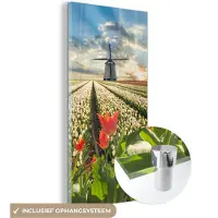 MuchoWow Glasschilderij 60x120 cm - Schilderij acrylglas - Windmolen - Tulpen - Lucht - Natuur - Foto op glas - Schilderijen