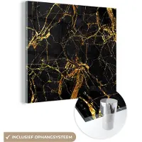 MuchoWow Glasschilderij 90x90 cm - Schilderij acrylglas - Goud - Marmer - Glitter - Luxe - Foto op glas - Schilderijen