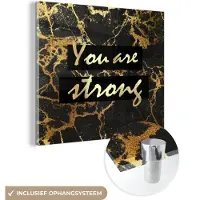 MuchoWow Glasschilderij 90x90 cm - Schilderij acrylglas - Quote - Motivatie - Goud - Marmer - Foto op glas - Schilderijen