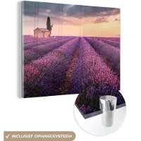 MuchoWow Glasschilderij - Foto op glas - Lavendel - Schuur - Bloemen - Zonsondergang - Acrylglas - 80x60 cm - Schilderij glas - Schilderij paars - Glasschilderij bloemen - Wanddecoratie