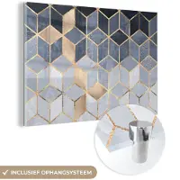 MuchoWow Glasschilderij 180x120 cm - Schilderij acrylglas - Kubus - Goud - Luxe - Patronen - Foto op glas - Schilderijen